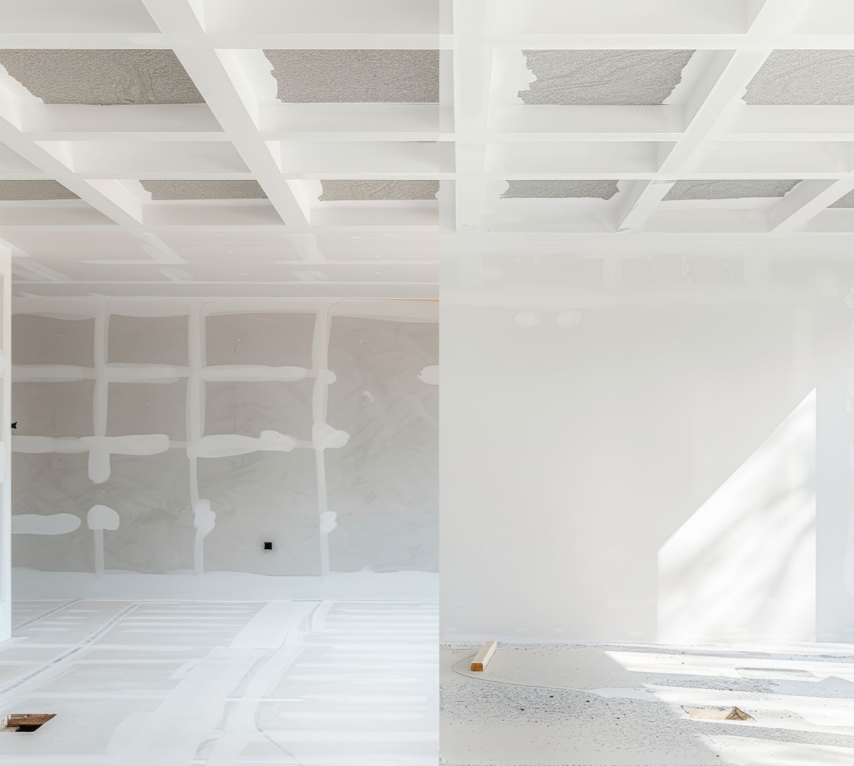 Bright white unfinished interior with a grid ceiling, drywall walls, and sunlight on the floor Bright white unfinished interior with a grid ceiling, drywall walls, and sunlight on the floor