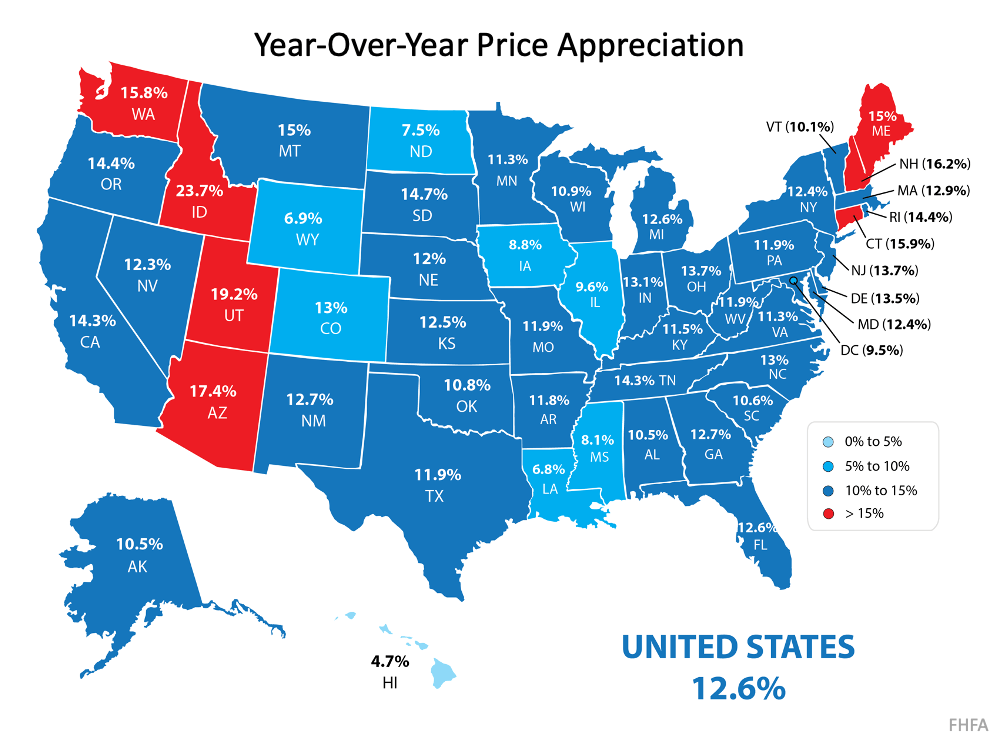 A map of the united states showing year over year price appreciation