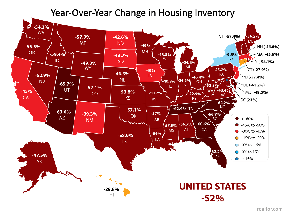 A map of the united states showing year over year change in housing inventory