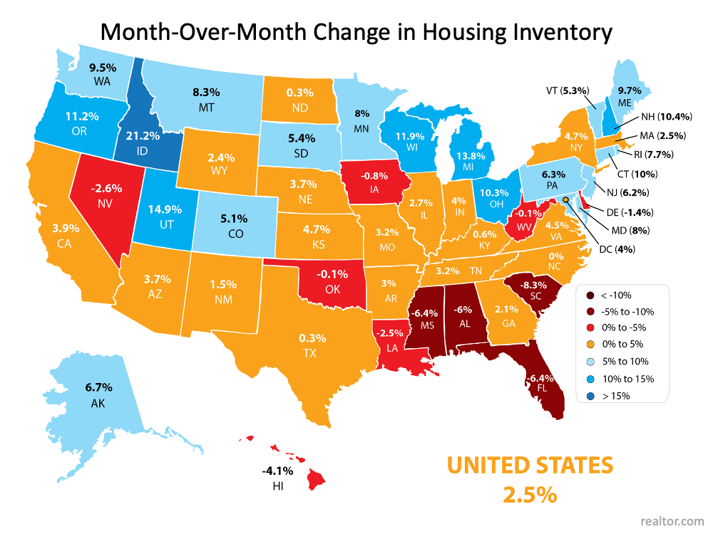 A map of the united states showing month over month change in housing inventory