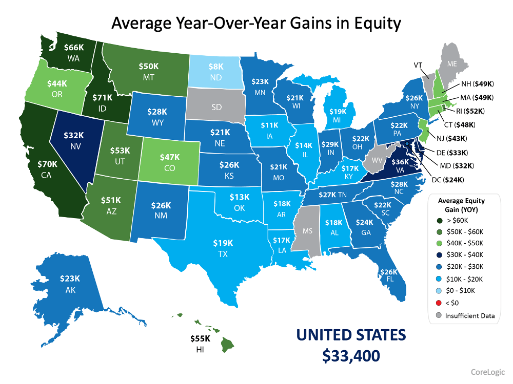 A map of the united states showing the average year over year gains in equity