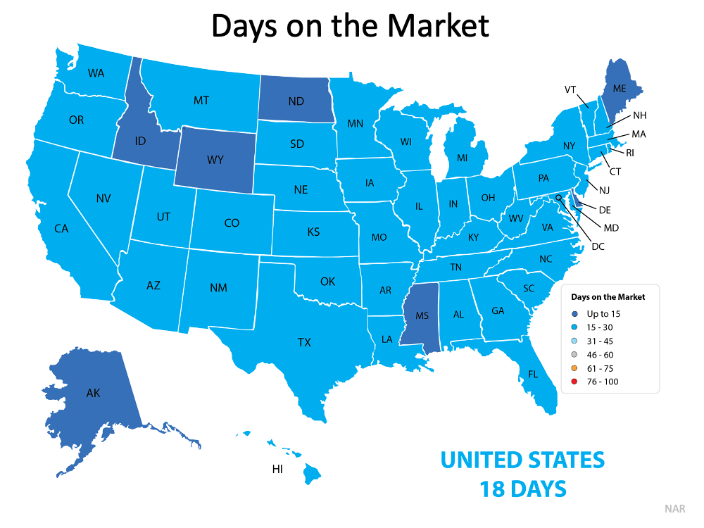 A map of the united states showing the days on the market