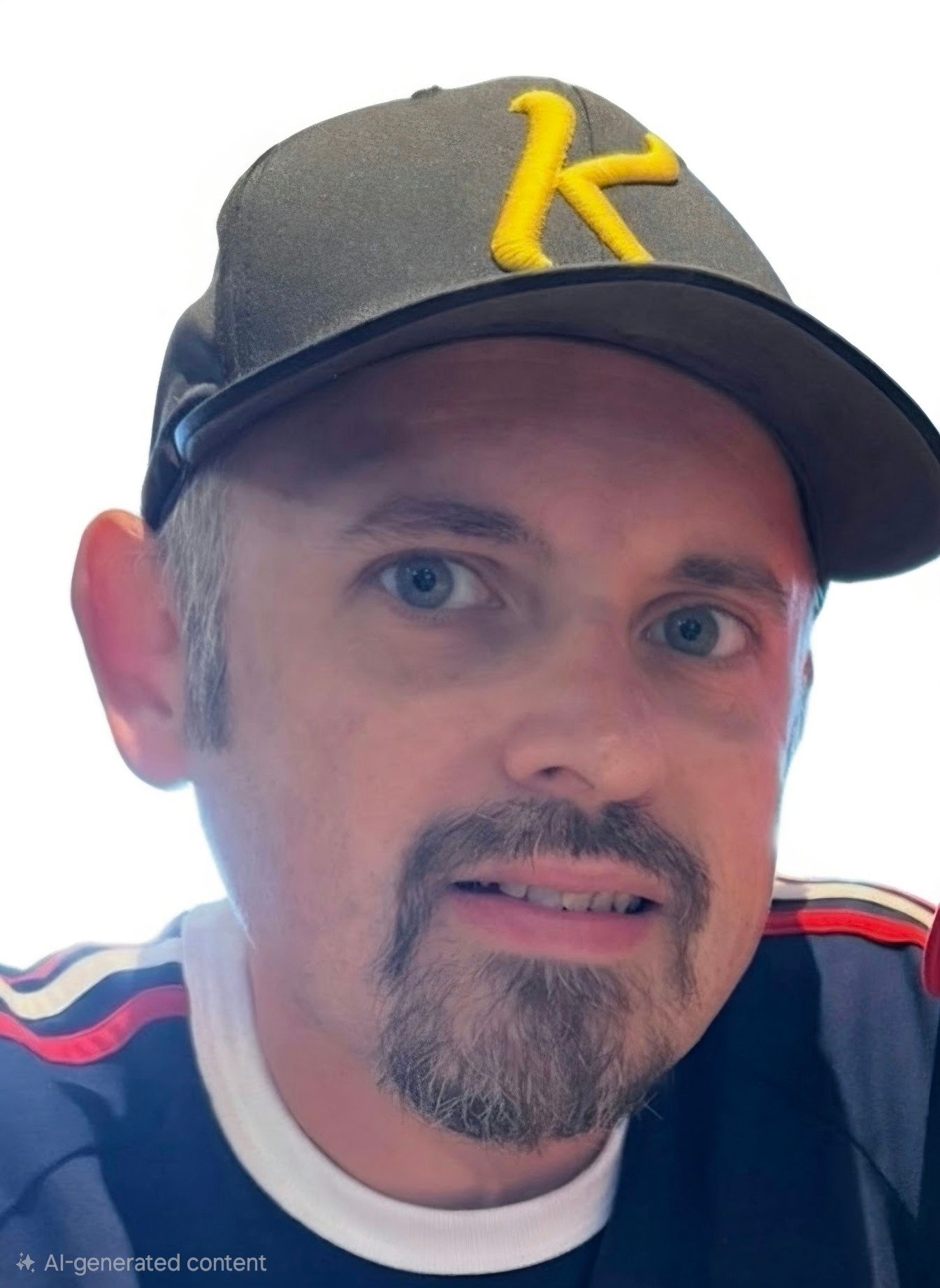 Man wearing a black cap with a yellow K, blue shirt, and goatee, looking at the camera.