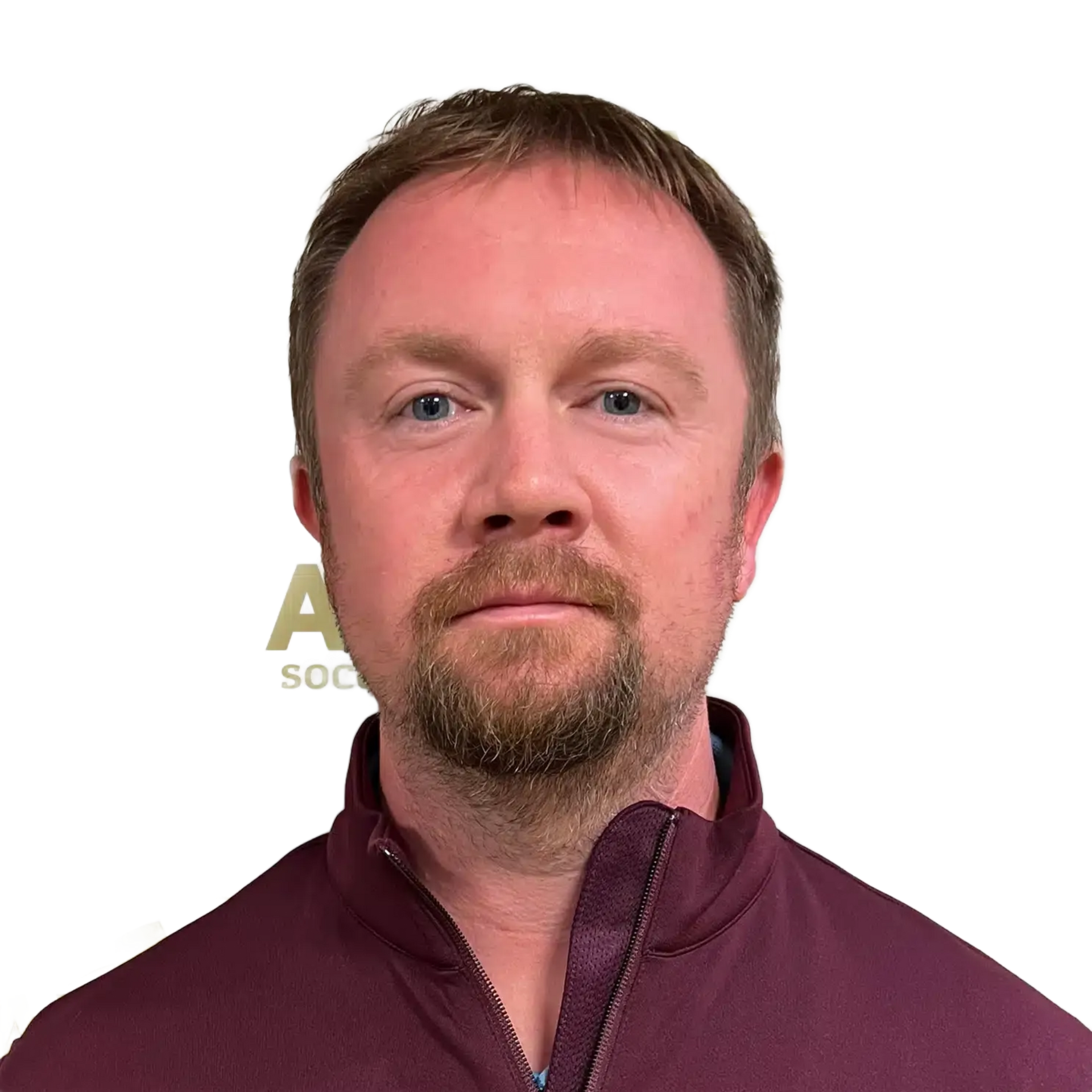 Portrait of a man in a maroon jacket on a white background