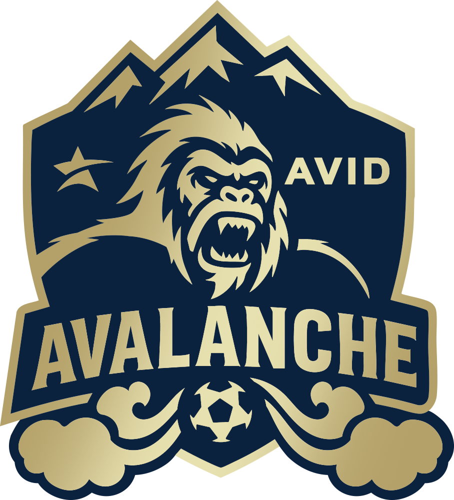 Avid Avalanche logo with roaring gorilla, mountains, and soccer ball in navy and gold