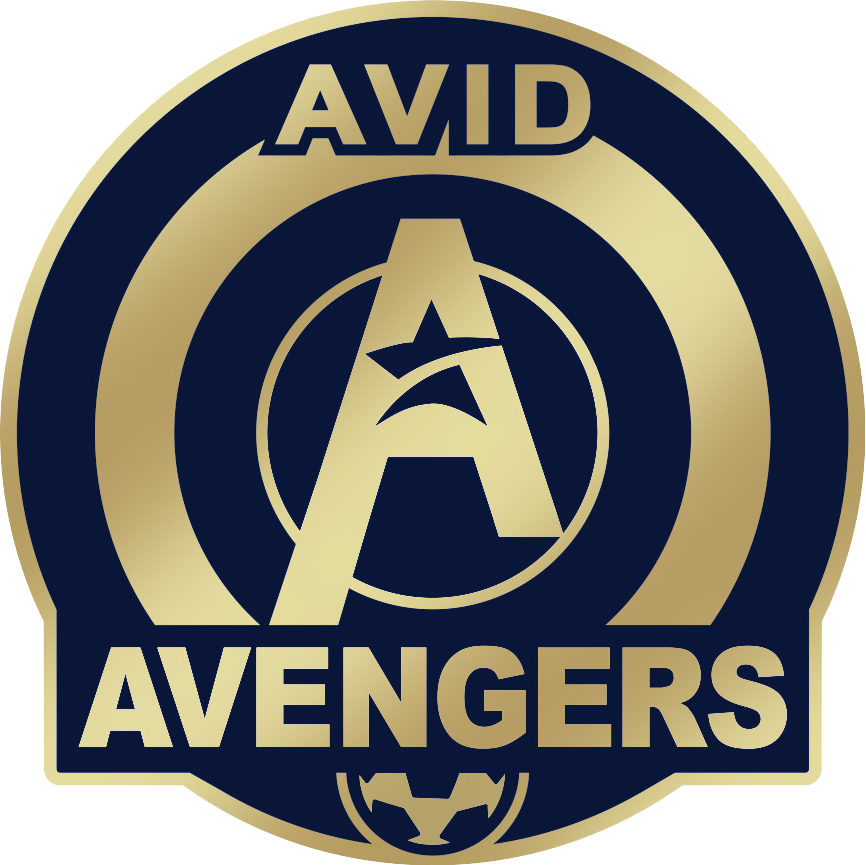 Avid Avengers logo in gold and navy blue with stylized A emblem inside a circular badge