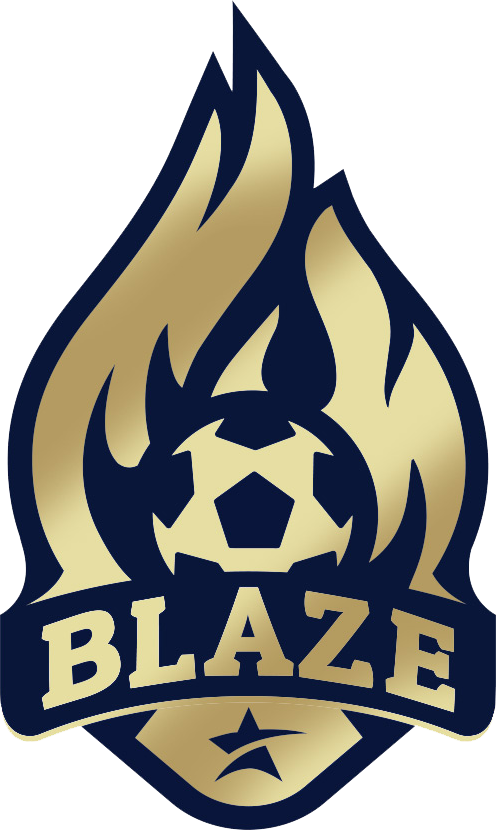 Gold and navy Blaze soccer logo with a flame, soccer ball, and star emblem