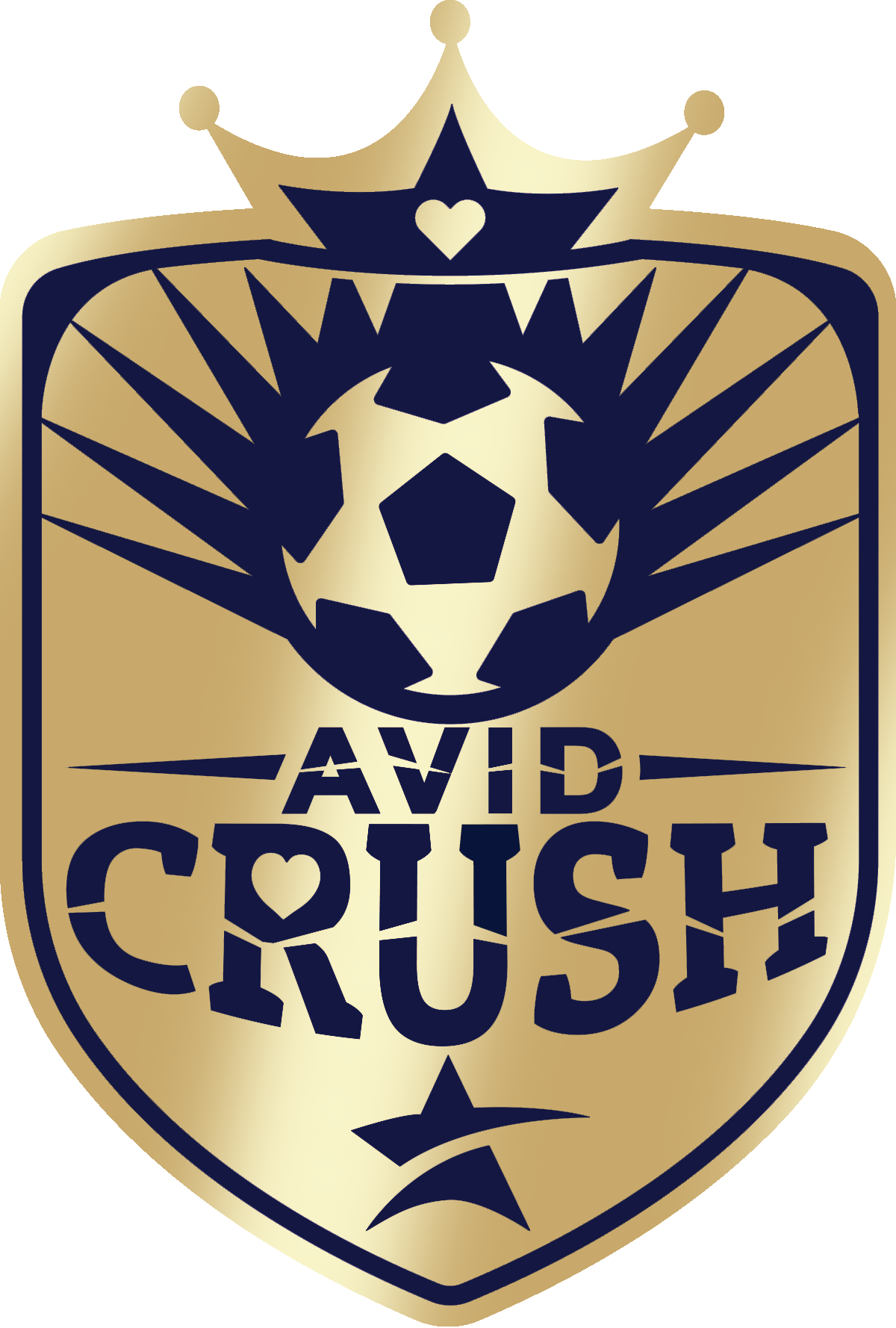 Gold-and-navy soccer crest with crown, shield, and the words “AVID CRUSH” above a soccer ball.