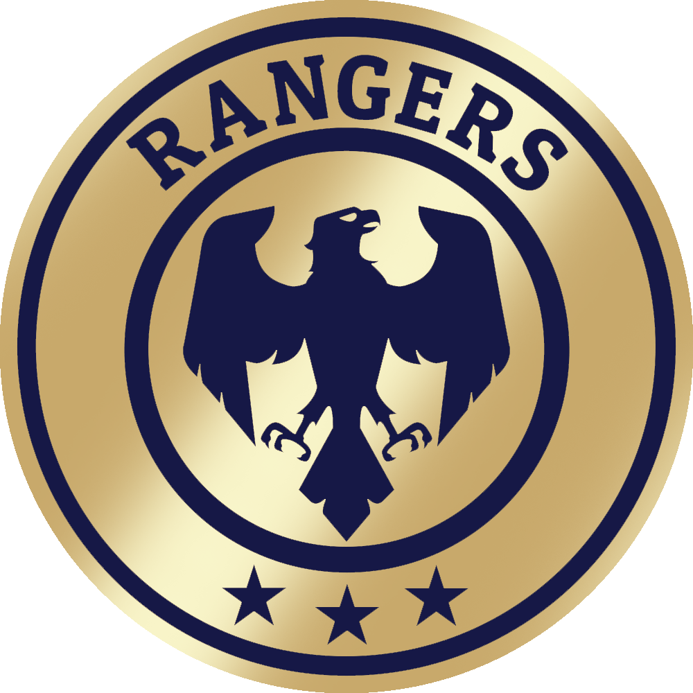 Rangers logo with a navy eagle emblem, stars, and gold circular border