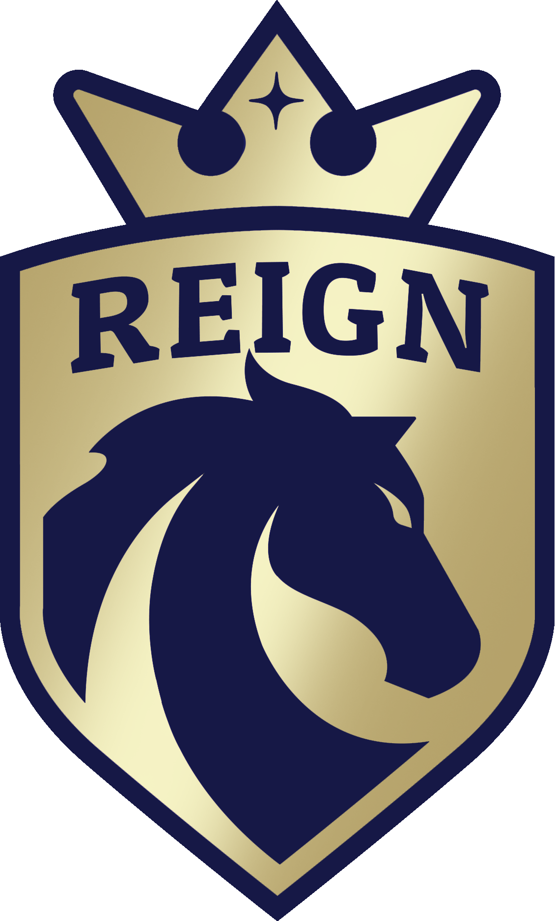 Gold and navy shield logo with a crown and horse head, reading “REIGN”