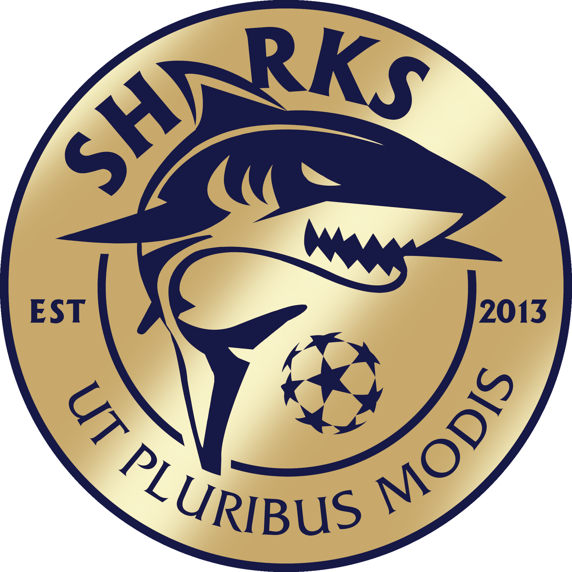 Sharks soccer club logo with shark, ball, EST 2013, and motto “Ut Pluribus Modis”