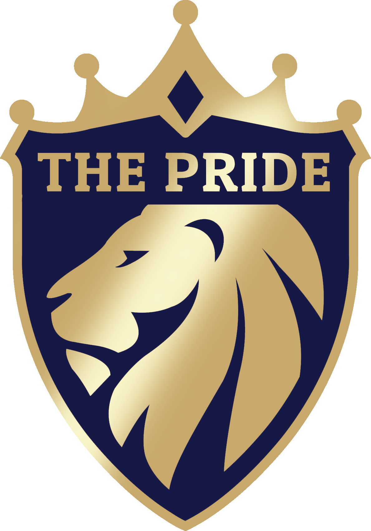 Gold-and-navy crest with a lion head and the words “THE PRIDE” beneath a crown.