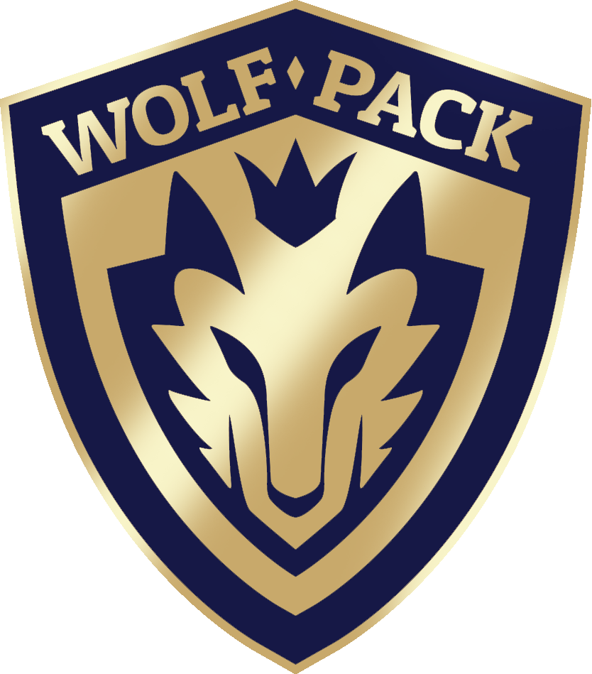 Wolf Pack shield logo in gold and navy with a stylized wolf head