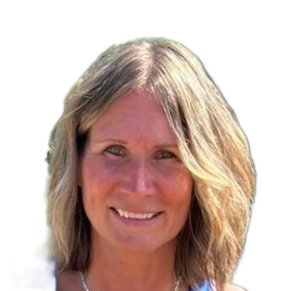 Smiling woman with shoulder-length blonde hair against a white background