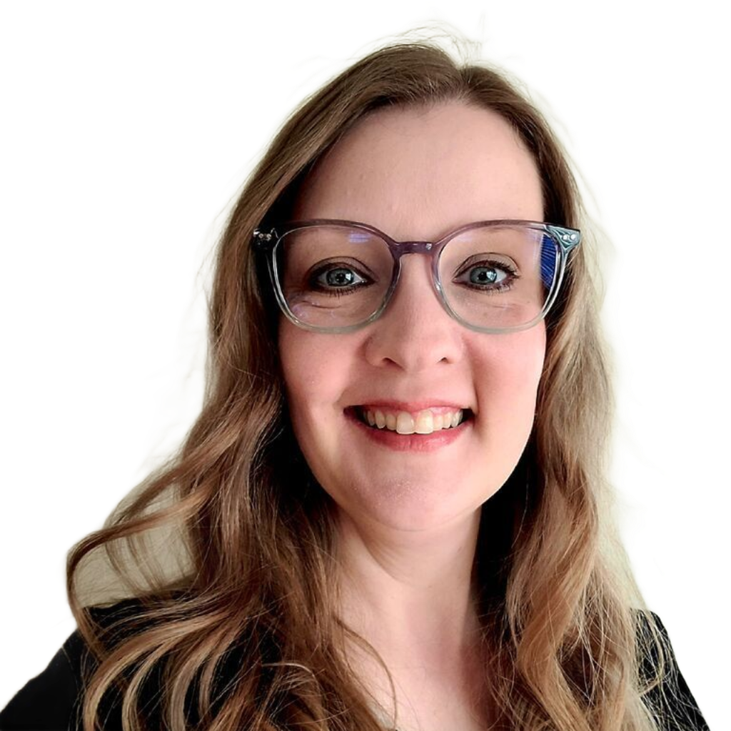 Smiling woman with glasses and long brown hair on a white background