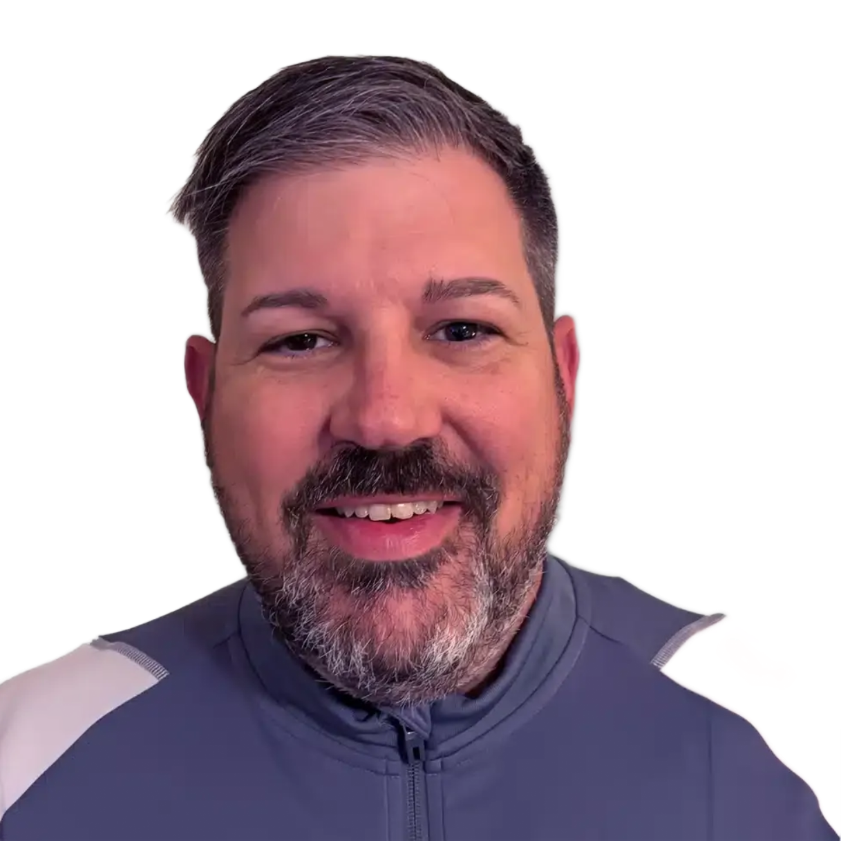 Smiling man with short dark hair and beard, wearing a gray zip-up jacket against a white background