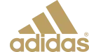 Gold Adidas logo with three slanted stripes and wordmark on a white background