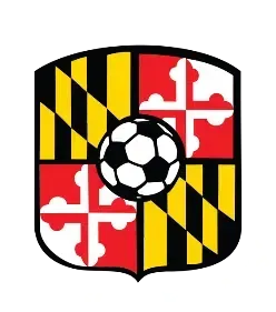 Black and red shield with Maryland-style crosses, diagonal stripes, and a soccer ball in the center