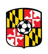 Black and red shield with Maryland-style crosses, diagonal stripes, and a soccer ball in the center