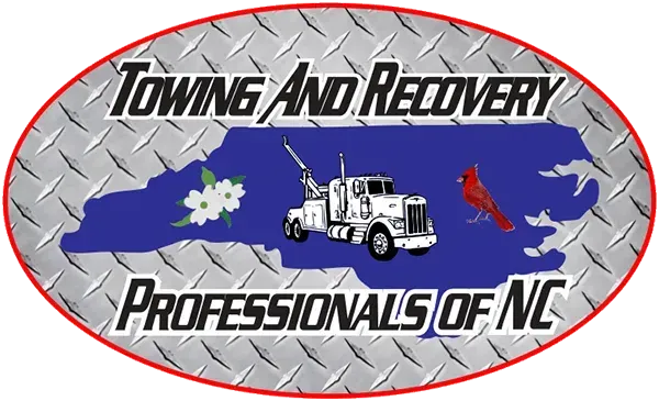 Towing and Recovery Professionals of NC logo with tow truck over blue NC silhouette on diamond-plate background