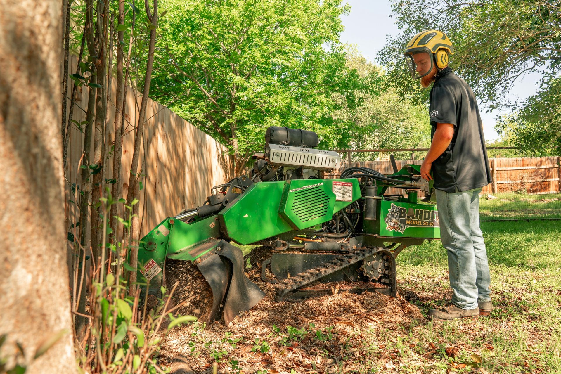 Worker operating a green stump grinder beside a tree in a leafy outdoor yard