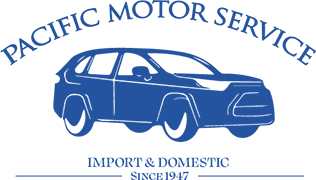 Pacific Motor Service logo with blue car and text “Import & Domestic Since 1967”