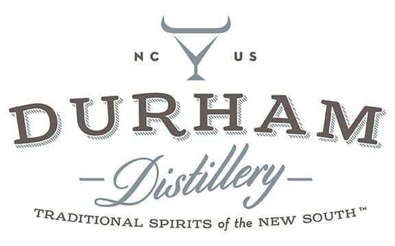Durham Distillery logo with gray text and a cocktail glass with bull horns, 