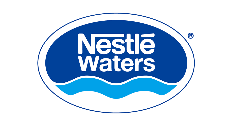 Nestlé Waters logo: White text on a blue oval with two wavy blue lines.