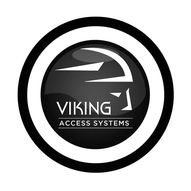 Black-and-white circular Viking Access Systems logo with stylized helmet icon and text