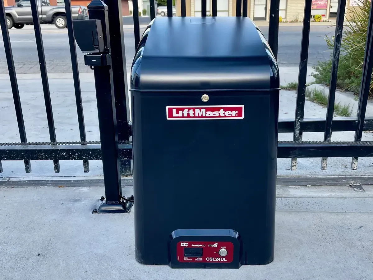 LiftMaster gate operator installed on a residential swing gate in Bakersfield CA