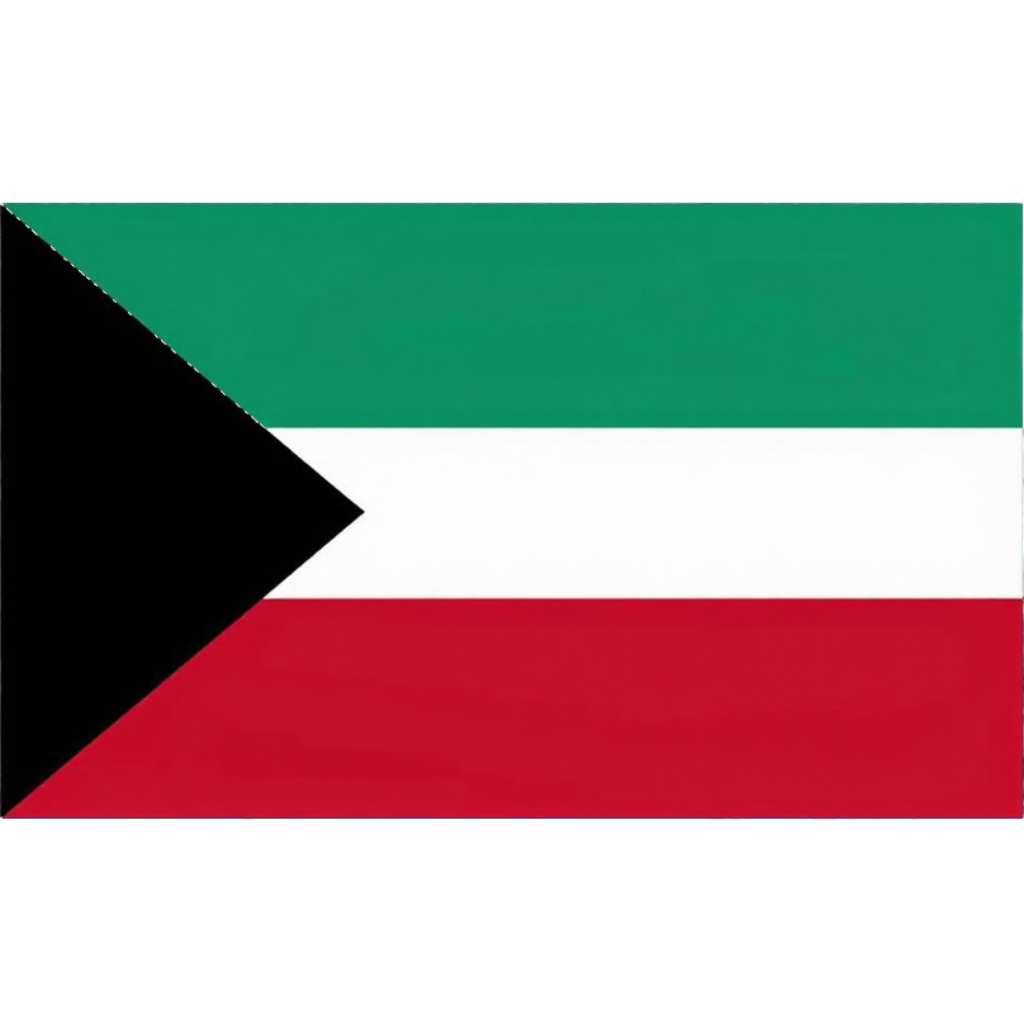 Flag of Kuwait with green, white, and red stripes and a black trapezoid at the hoist