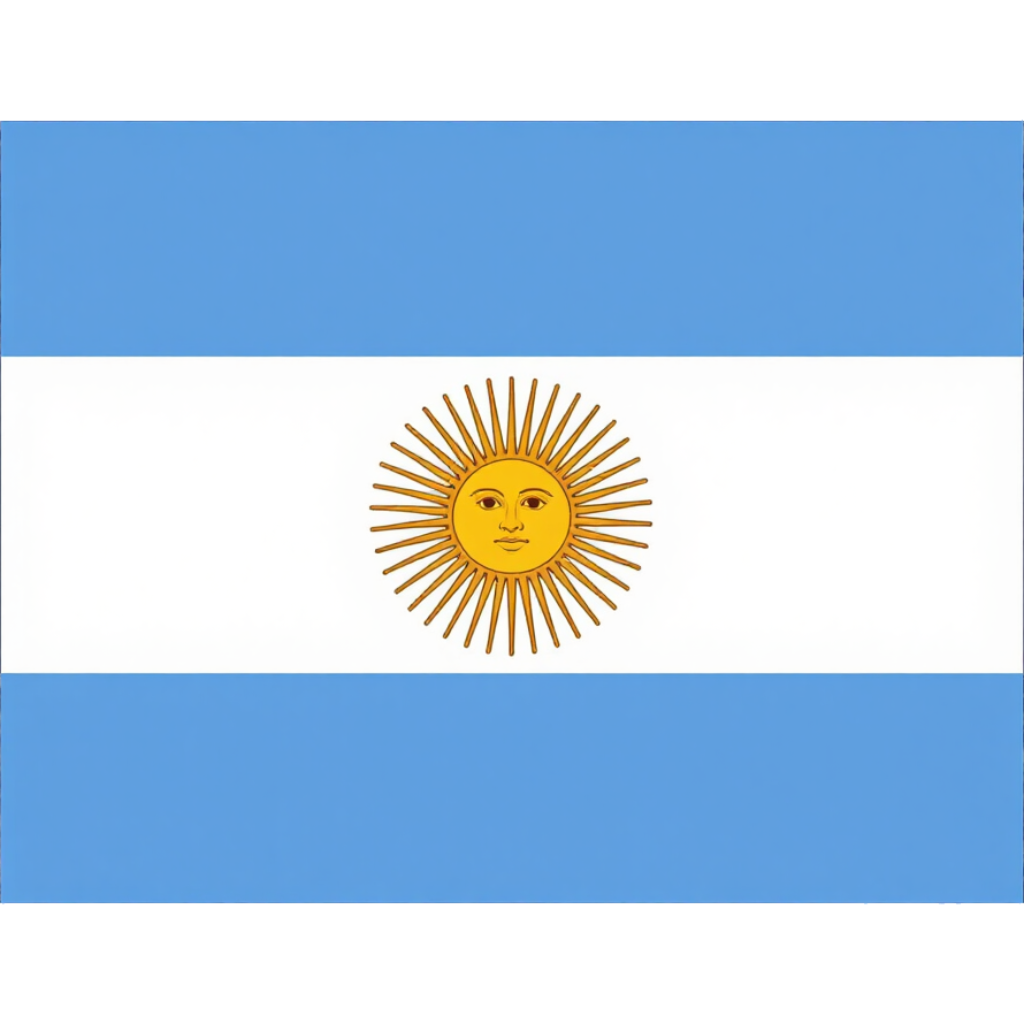 Argentine flag with light blue, white, and light blue stripes and a golden sun emblem in the center