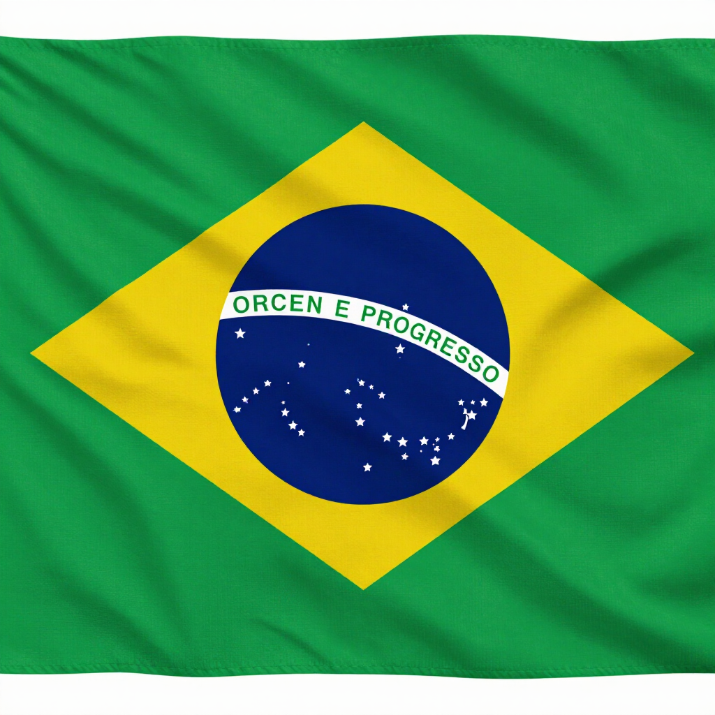 Brazilian flag with green field, yellow diamond, and blue globe with white banner and stars