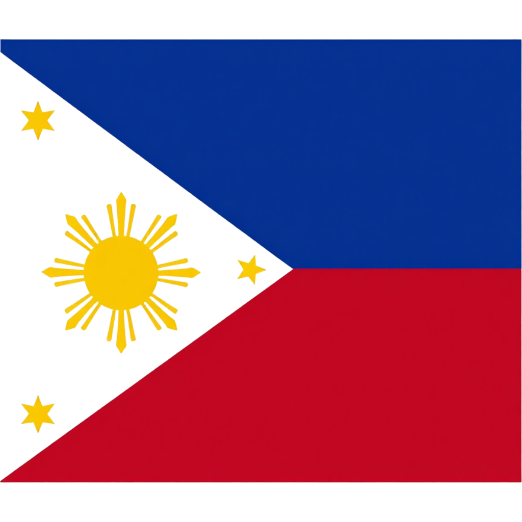 Philippine flag with blue and red fields, white triangle, sun, and three stars