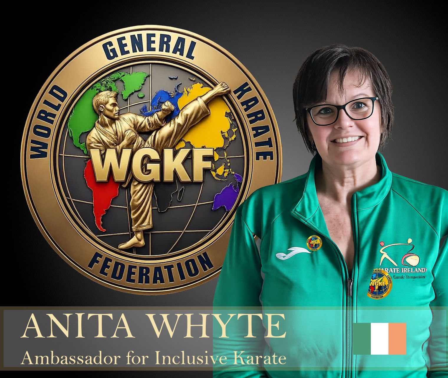 Anita Whyte beside WGFK logo, wearing green shirt, labeled “Ambassador for Inclusive Karate.”