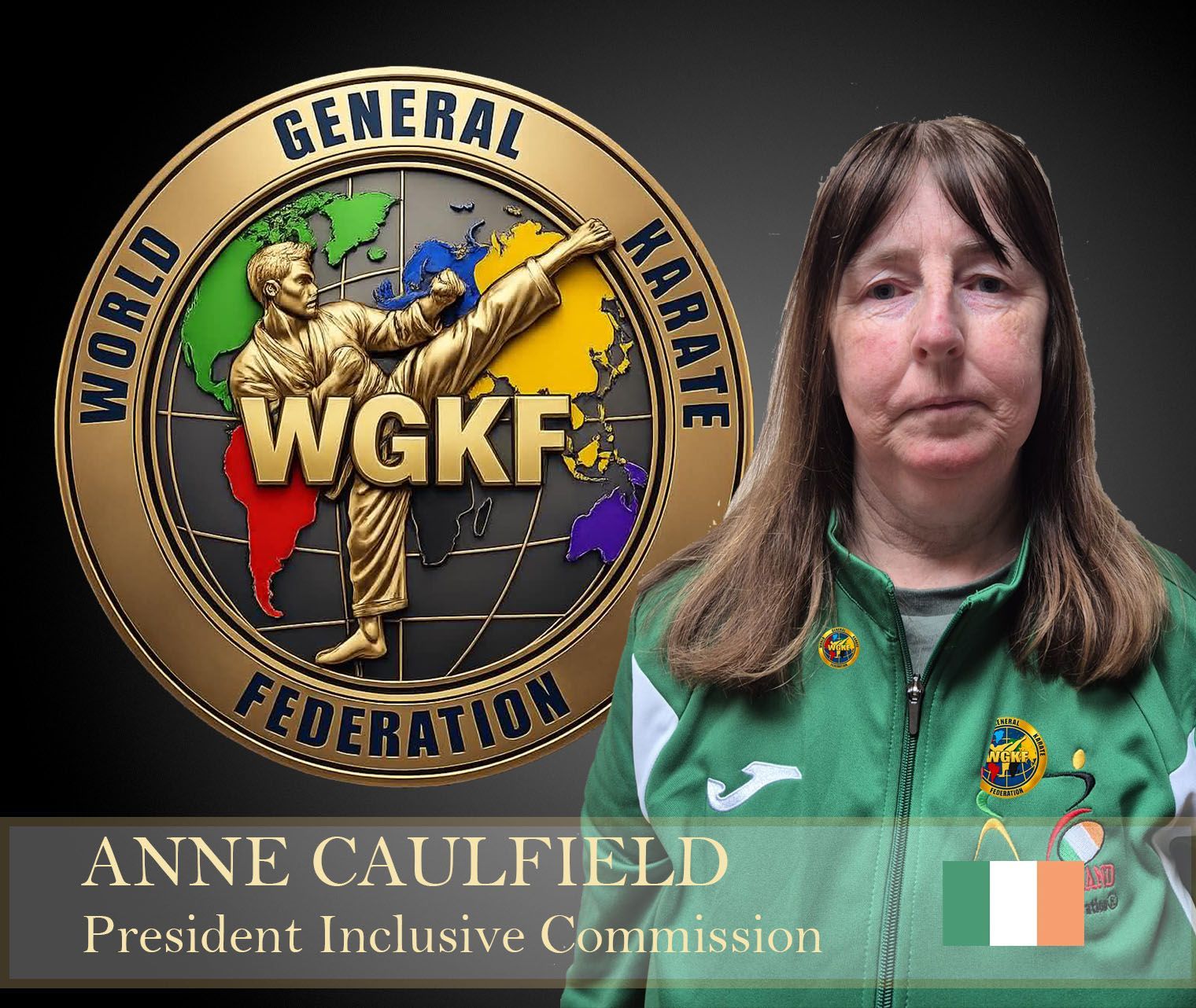 WGKF emblem beside Anne Caulfield portrait in green uniform, with President Inclusive Commission title and Irish flag