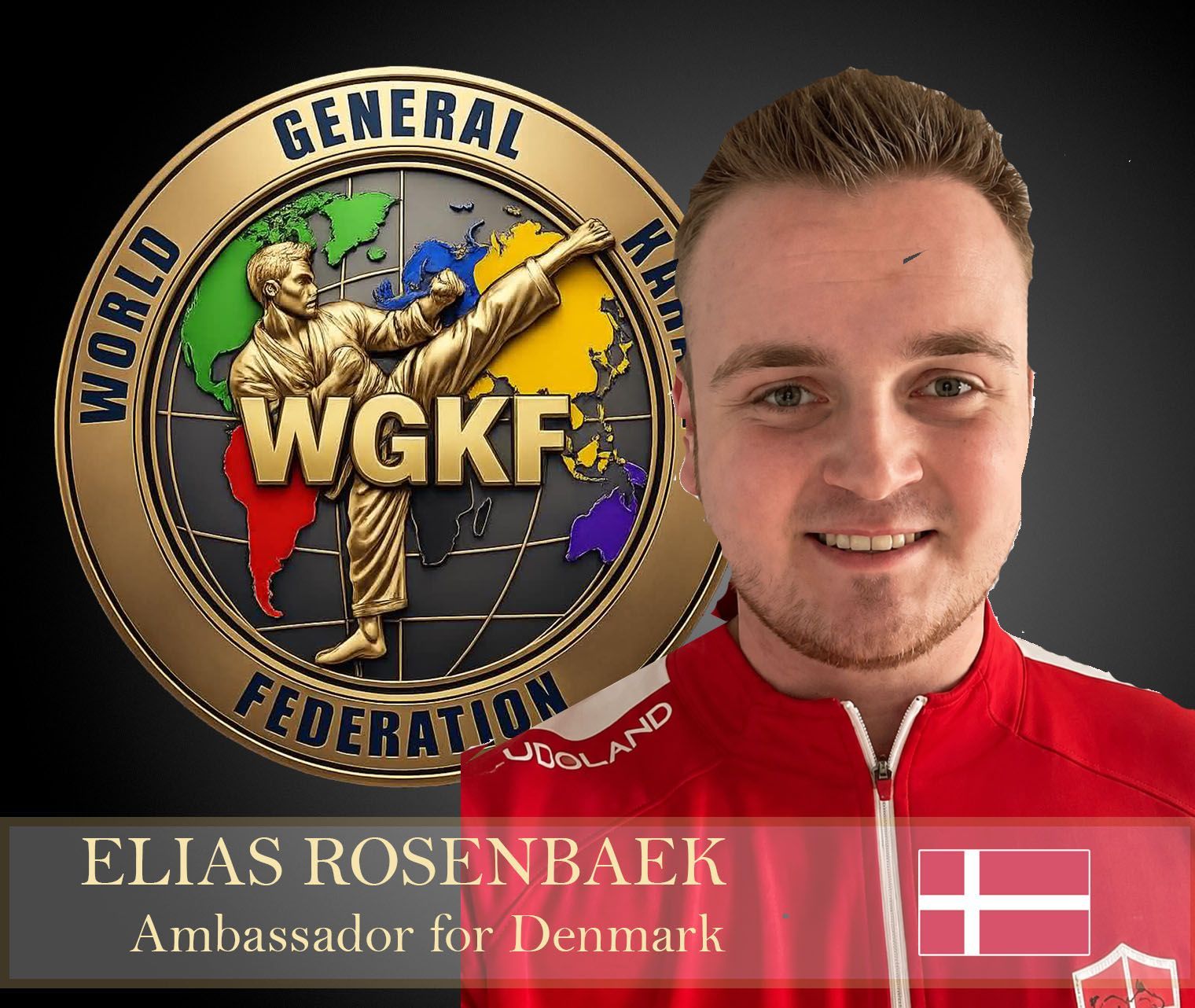 WGKF World General Federation emblem with a man’s portrait and label “Elias Rosenbæk, Ambassador for Denmark”