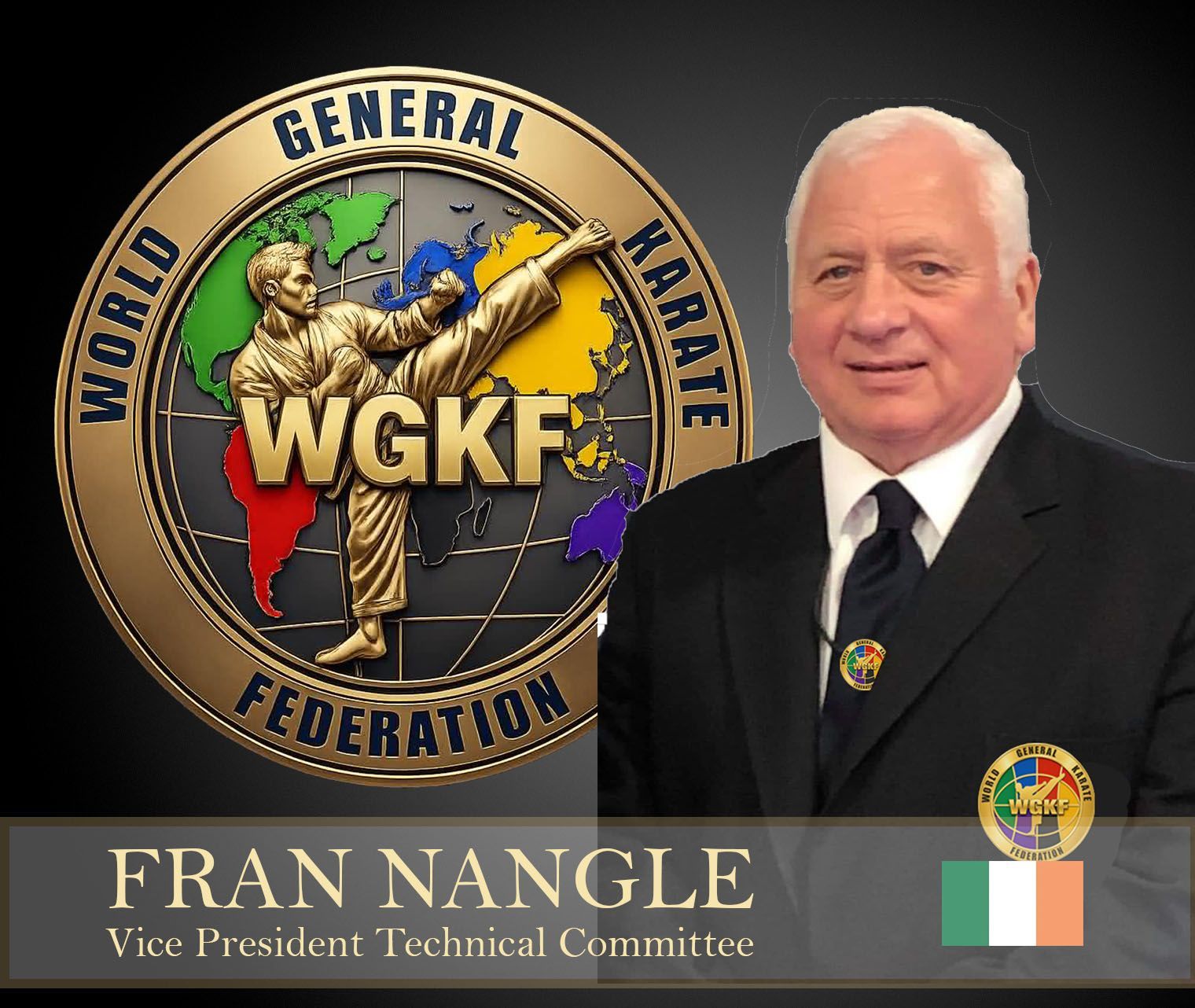 Franco Nangle portrait beside WKGF World General Karate Federation logo, with Irish flag and title banner