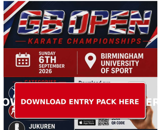 GROOPEN Karate Championships poster with date, Birmingham University of Sport venue, categories, and app download details