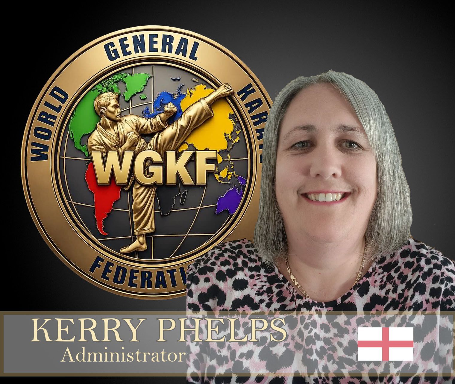 WGKF World Federation logo beside a smiling woman, labeled “Kerry Phelps, Administrator.”