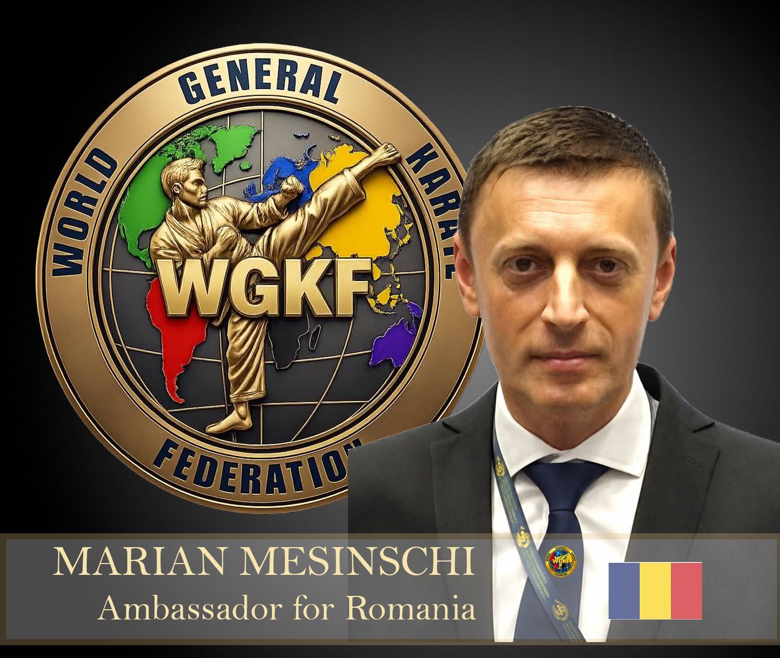 Portrait of Marian Mesinschi beside a WKGF logo, labeled “Ambassador for Romania,” with Romanian flag colors.
