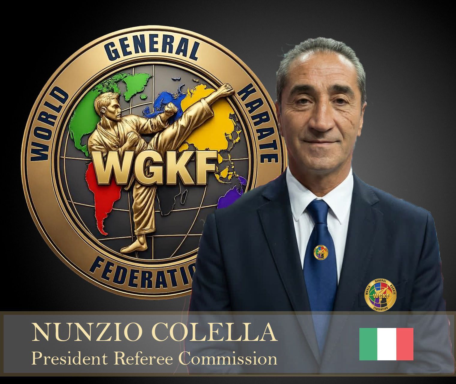 Portrait of Nunzio Colella beside WGKF karate federation logo, in a suit with Italian flag