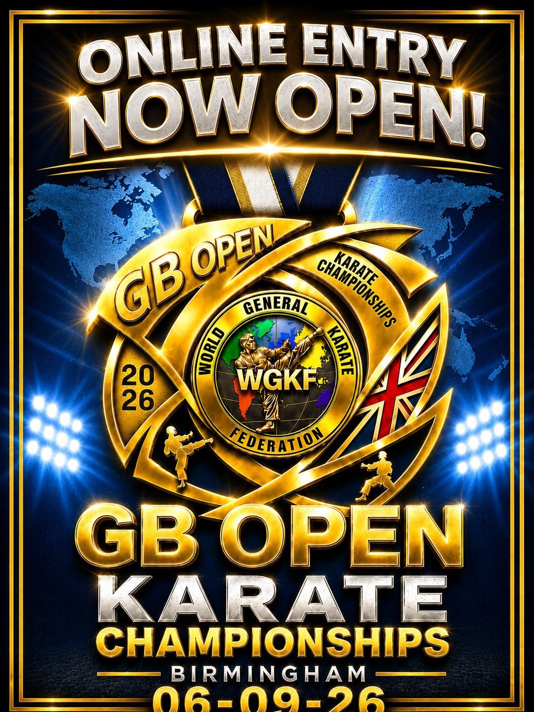 GB Open Karate Championships poster, gold emblem on blue, with “Online Entry Now Open” and Birmingham dates