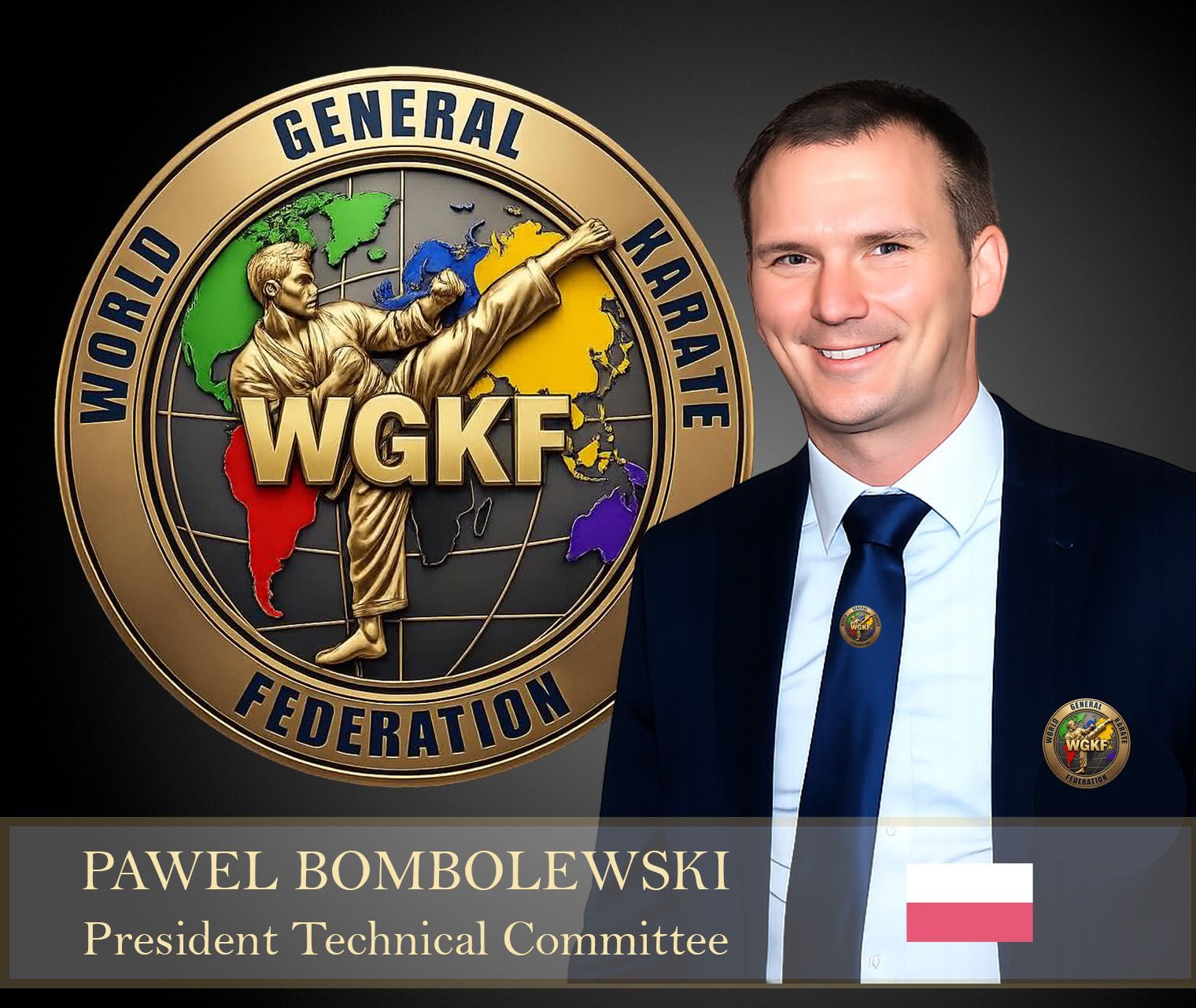 Pawel Bombolewski beside the WKGF World General Karate Federation logo, in a suit and tie