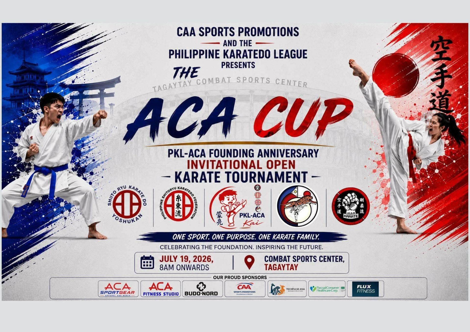 ACA Cup karate tournament poster with martial artists, red-and-blue brush strokes, and sponsor logos