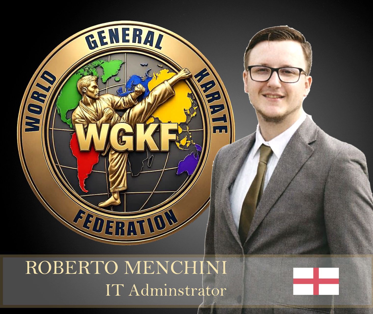 World Karate Federation logo beside Roberto Menchini portrait; IT Administrator, with England flag on black background