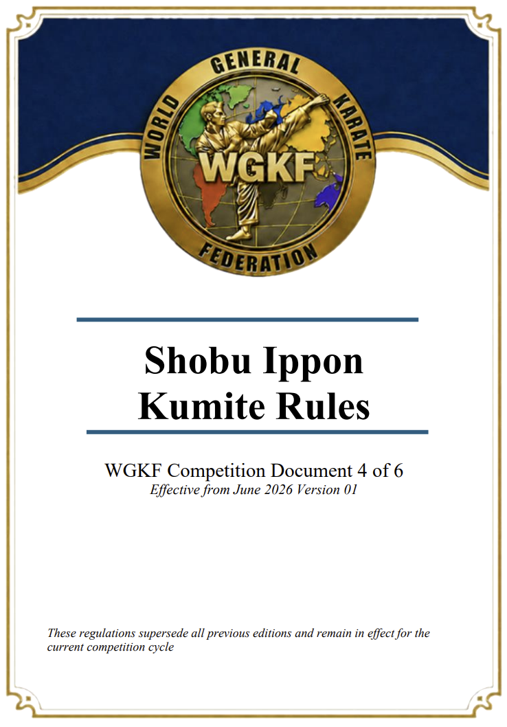 WGKF document cover with gold seal on blue top, titled “Shobu Ippon Kumite Rules”