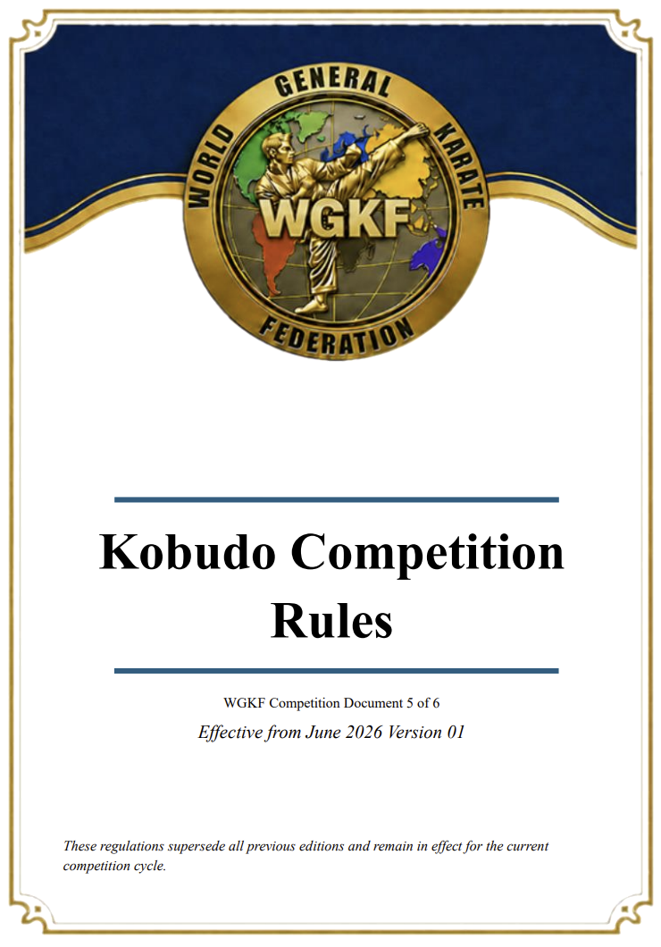 WGKF Kobudo Competition Rules cover with gold emblem on blue-and-white background