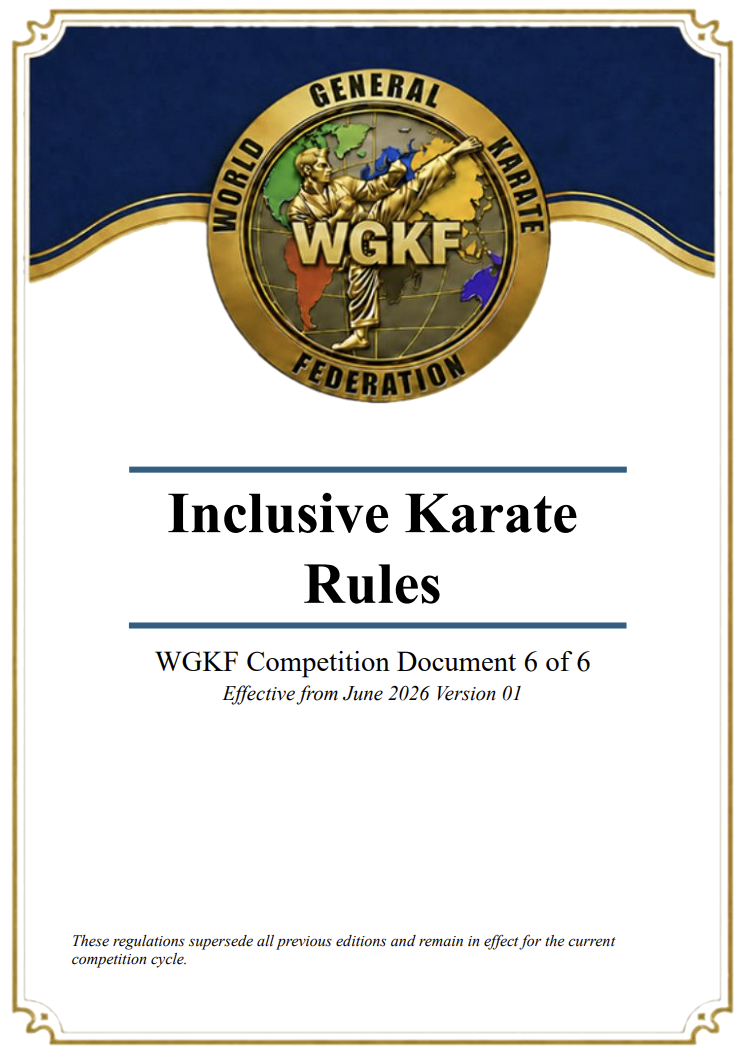 Cover of “WGKF Inclusive Karate Rules” document with gold federation emblem on blue and white background