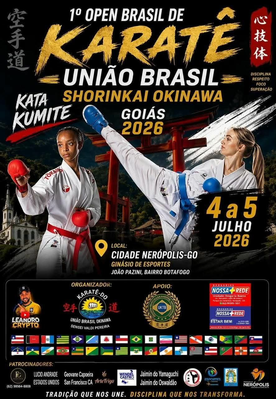Cartaz do 1º Open Brasil de Karate União Brasil, com atletas em ação e data 4 a 5 de julho de 2026.